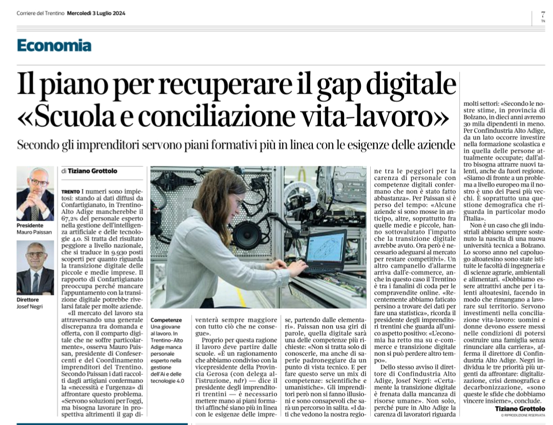 Piani formativi che rispondono alle esigenze delle imprese. Intervista Mauro Paissan 3 luglio 2024 Corriere del Trentino