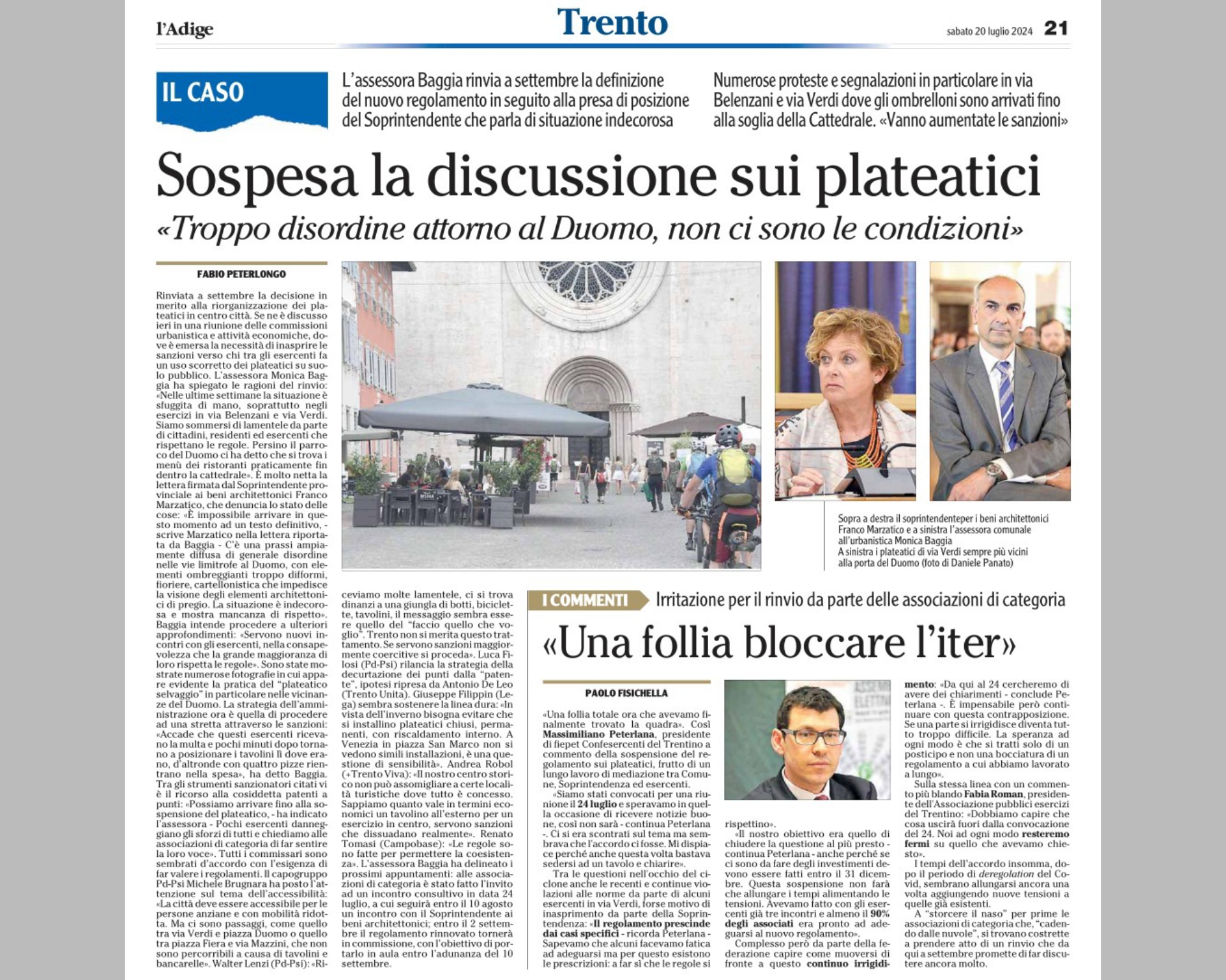 Trento, regolamento plateatici slitta a settembre. Una follia sospendere l'iter dice Massimiliano Peterlana