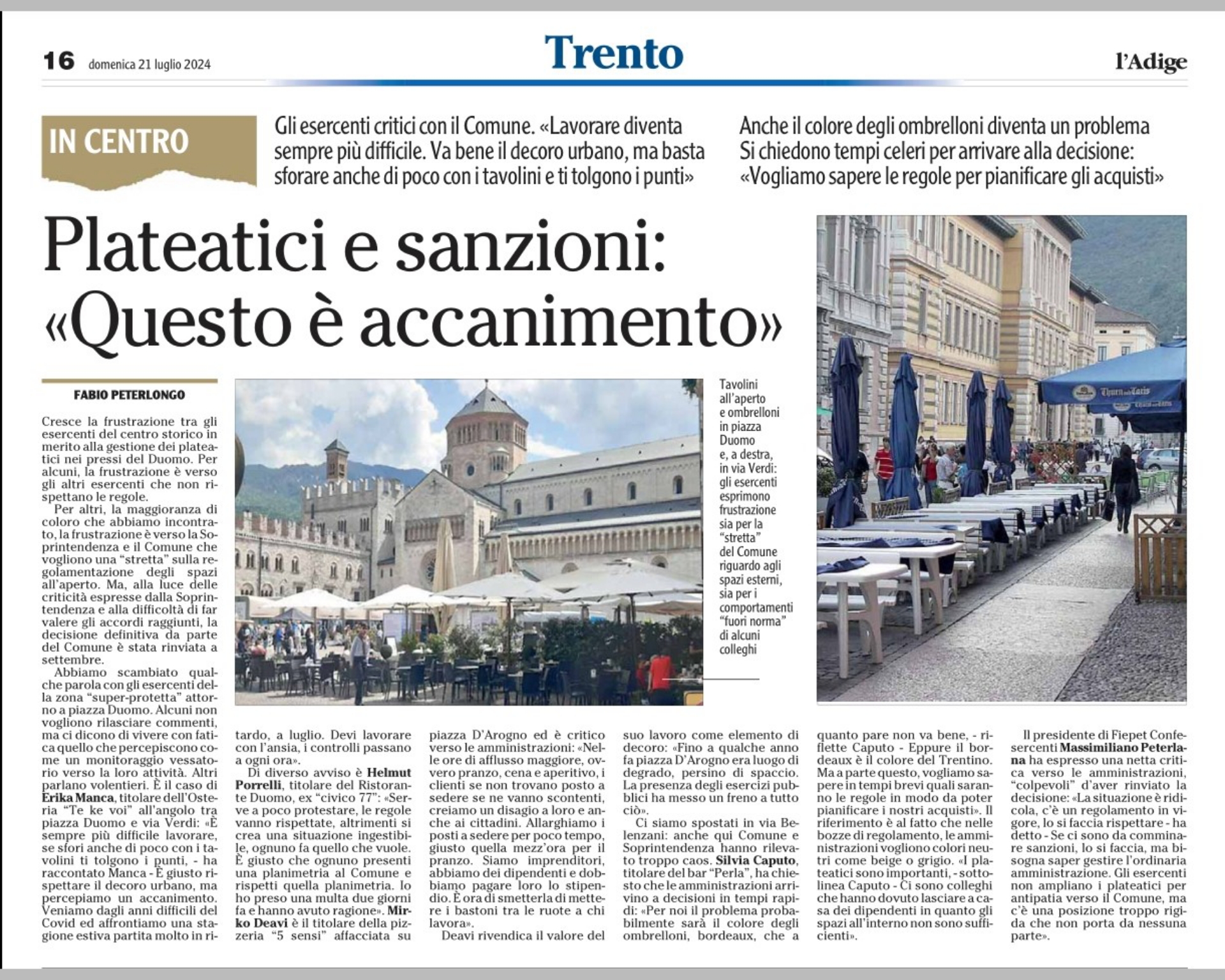 Plateatici e sanzioni,adesso servono regole chiare - Massimiliano Peterlana Adige 21 luglio 2024