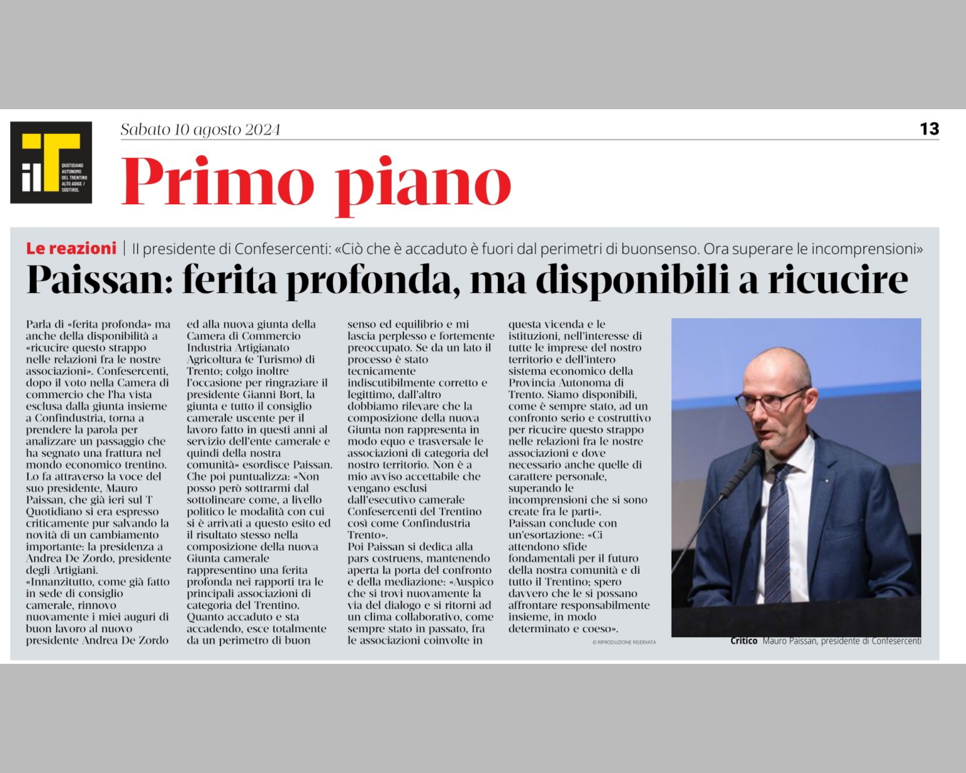 Una ferita nei rapporti tra le principali associazioni di categoria del Trentino."

Mauro Paissan, Presidente di Confesercenti Trentino, esprime preoccupazione per la situazione alla Camera di C