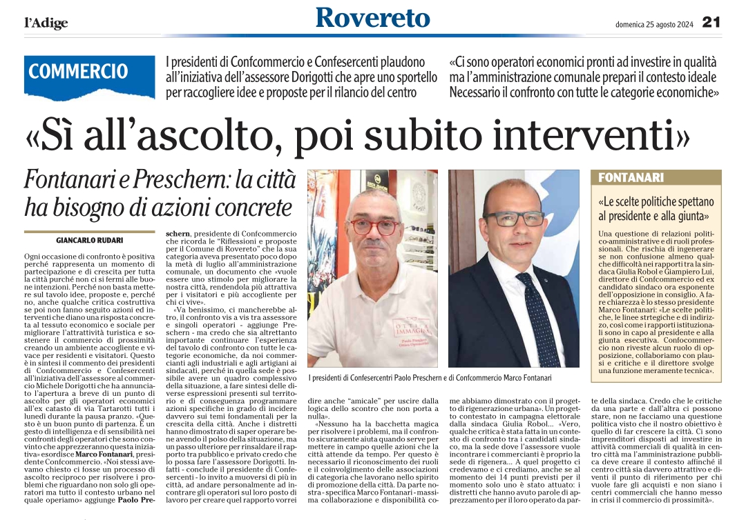 Azioni concrete, non solo parole!

Paolo Preschern, presidente di Confesercenti Vallagarina, sottolinea l'importanza di non fermarsi alle buone intenzioni: "È fondamentale che le idee e le