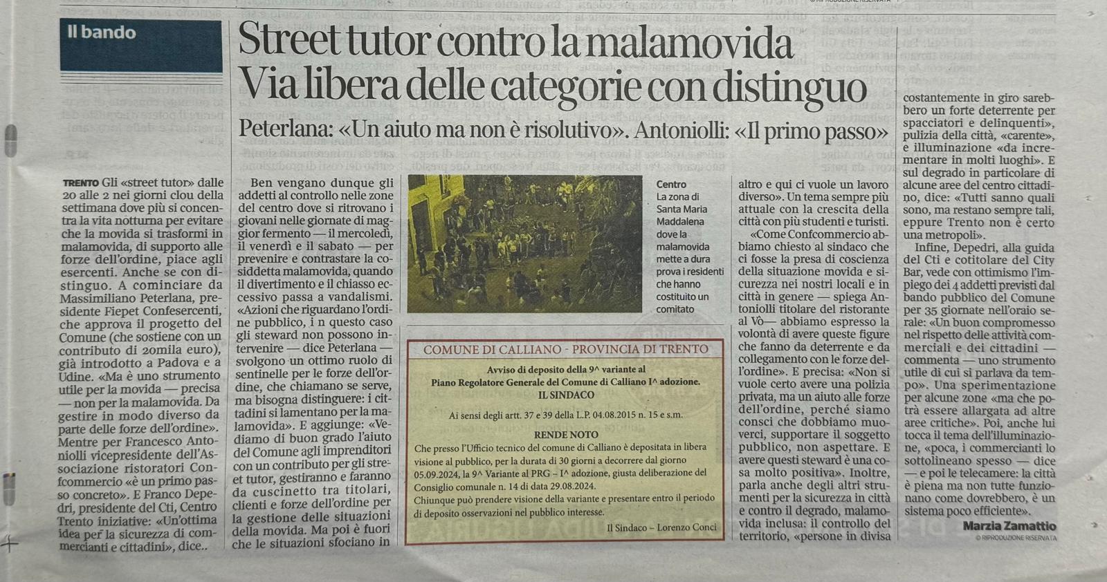 Intervista Massimiliano Peterlana fondo movida comune di Trento. Corriere del Trentino 5 settembre 2024