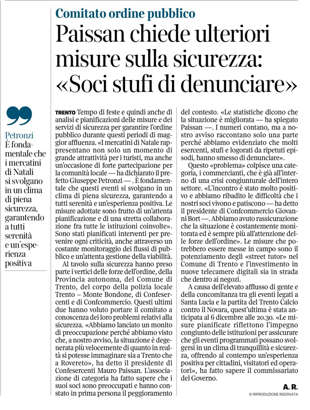 Comitato ordine pubblico - Paissan chiede ulteriori misure sulla sicurezza: "Soci stufi di denunciare"