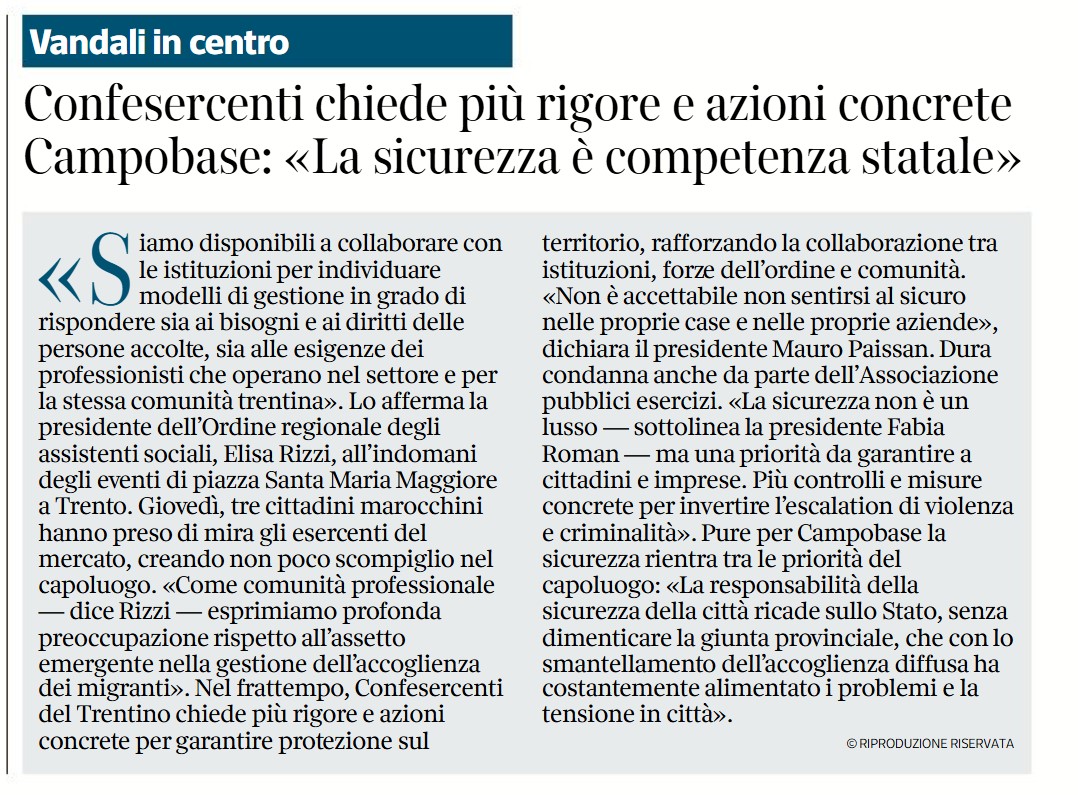 Sicurezza, Confesercenti chiede più rigore e azioni concrete - Corriere del Trentino 01/03/2025