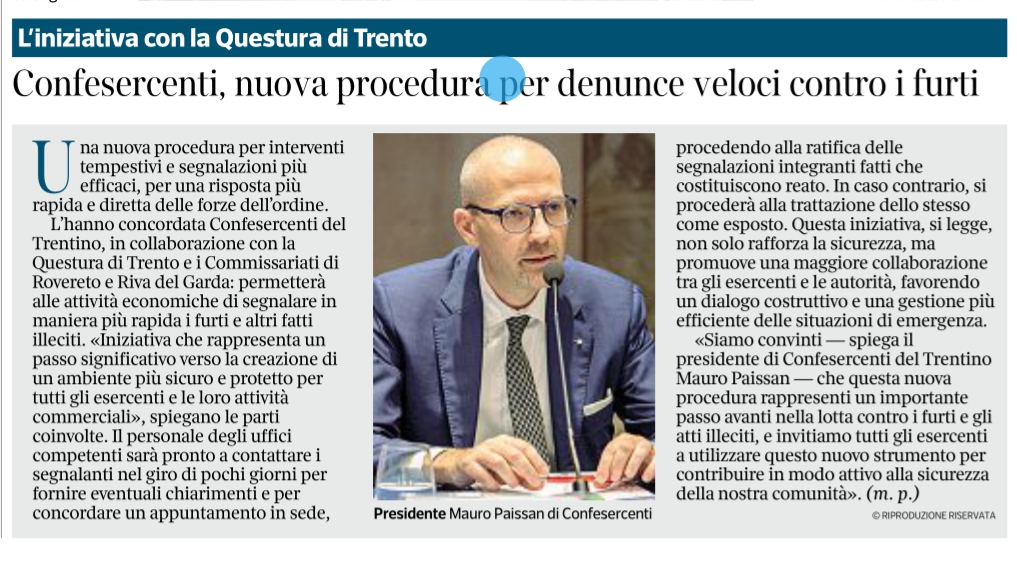 Confesercenti del Trentino insieme alla Questura di Trento, al Commissariato di Rovereto e al Commissariato di Riva del Garda lancia liniziativa per segnalazioni veloci di furti e atti illeciti