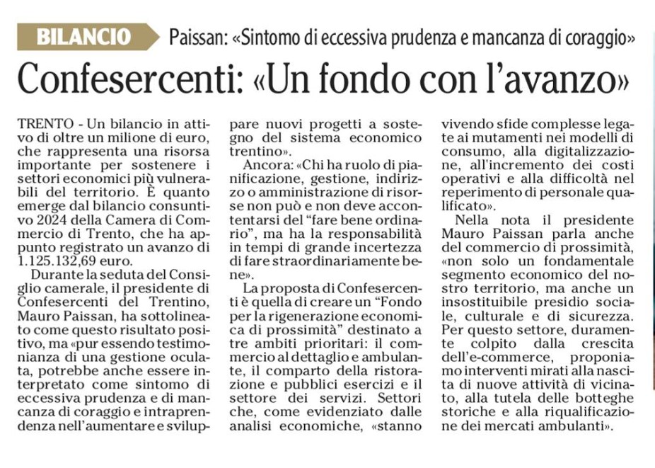 Camera di Commercio, Confesercenti propone un fondo con l'avanzo - L'Adige 23/04/2025