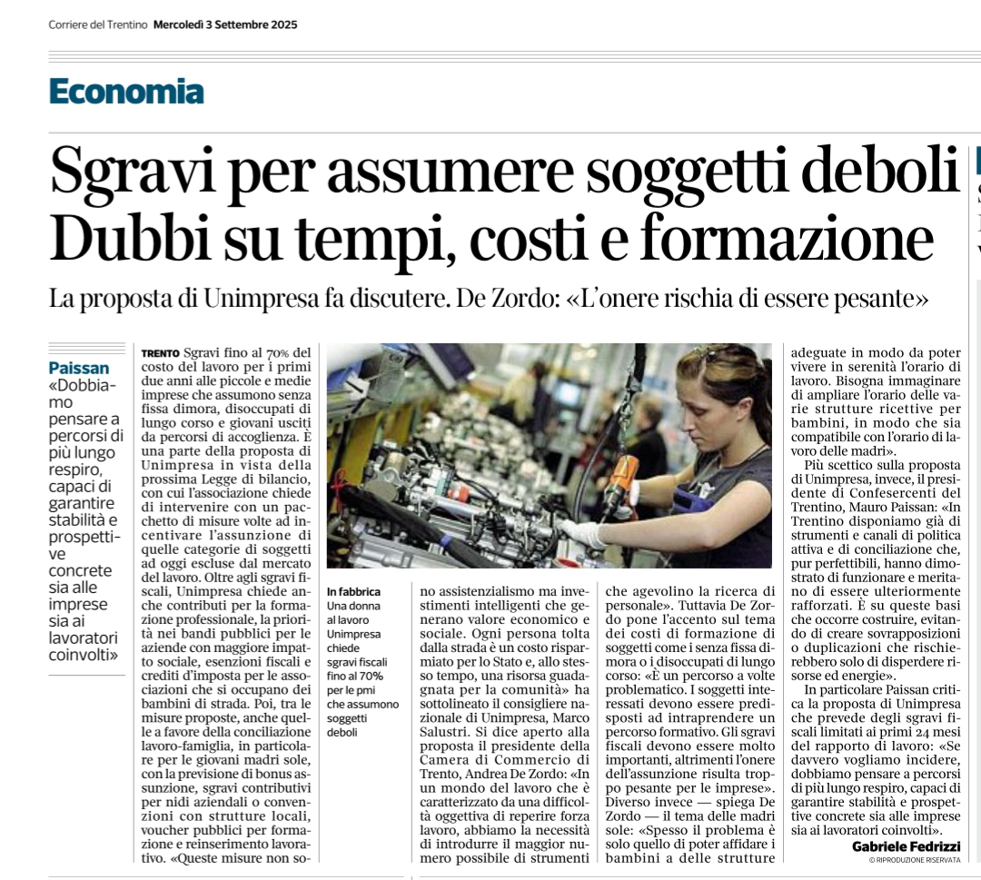 Sgravi per i soggetti deboli servono interventi di lungo respiro. Corriere del Trentino 3 settembre 2025