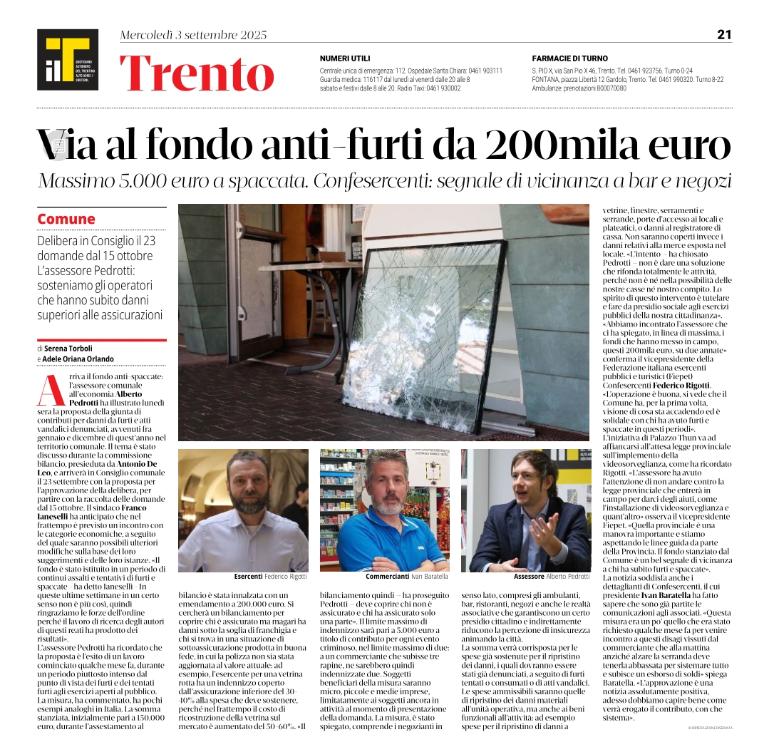 Fondo furti del comune di Trento. Confesercenti segnale di vicinanza per negozi e ristorazione intervista Ivan Baratella e Federico Rigotti.Il T Quotidiano 3 settembre 2025