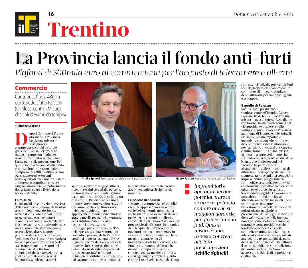 La Provincia lancia il fondo anti- furti. Paissan misura che chiedevamo da tempo. IlT Quotidiano 7 settembre 2025